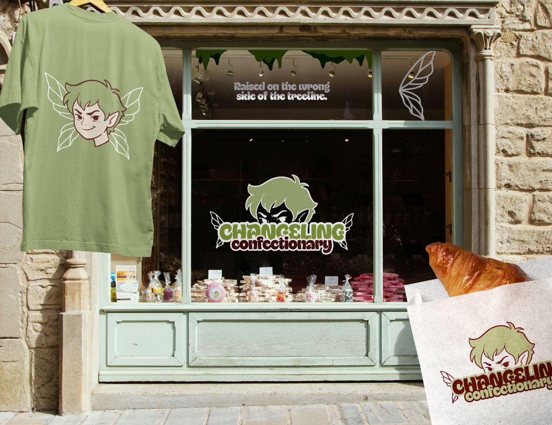 Changeling Confectionary storefront mockup with fae mascot branding