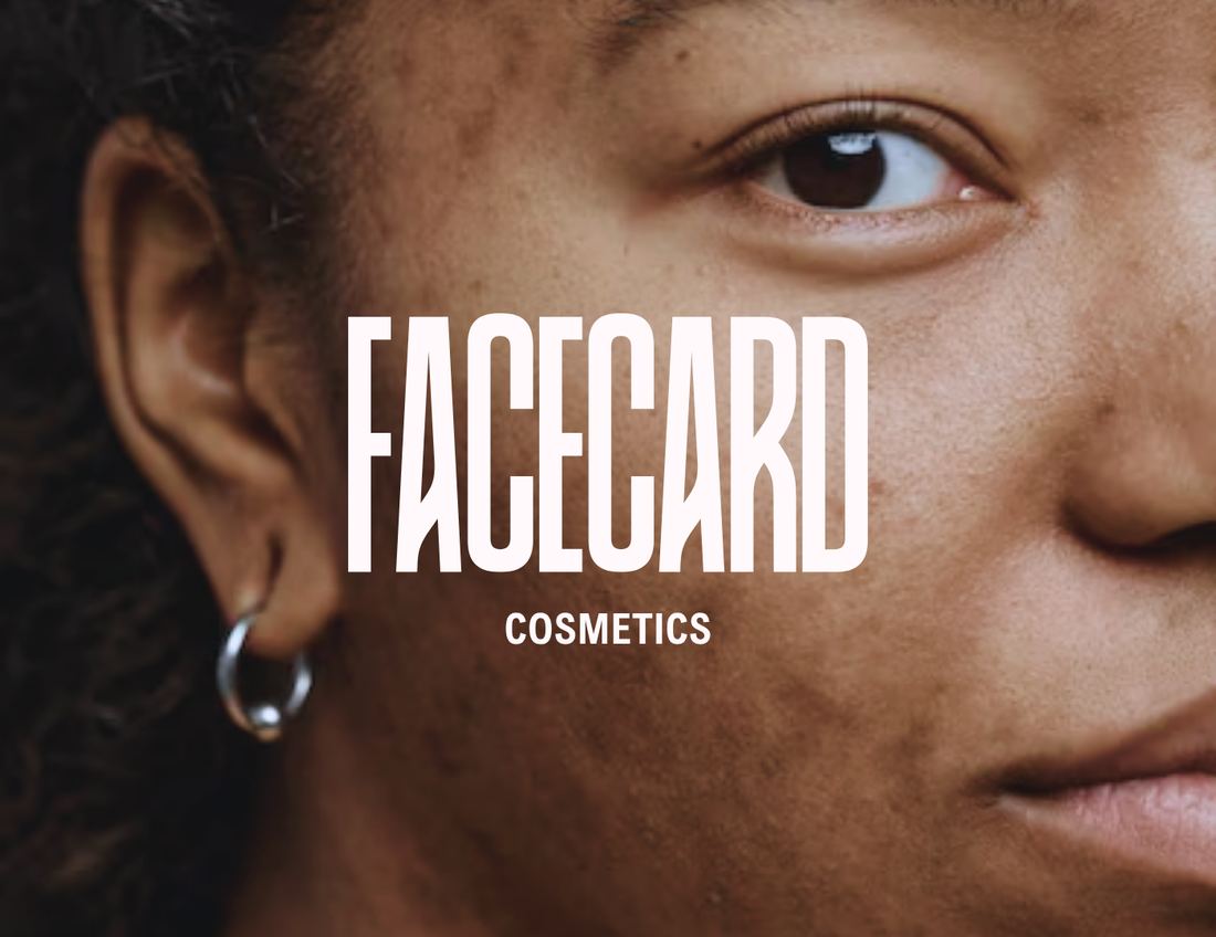 Facecard cosmetics brand identity, close-up wordmark over a portrait