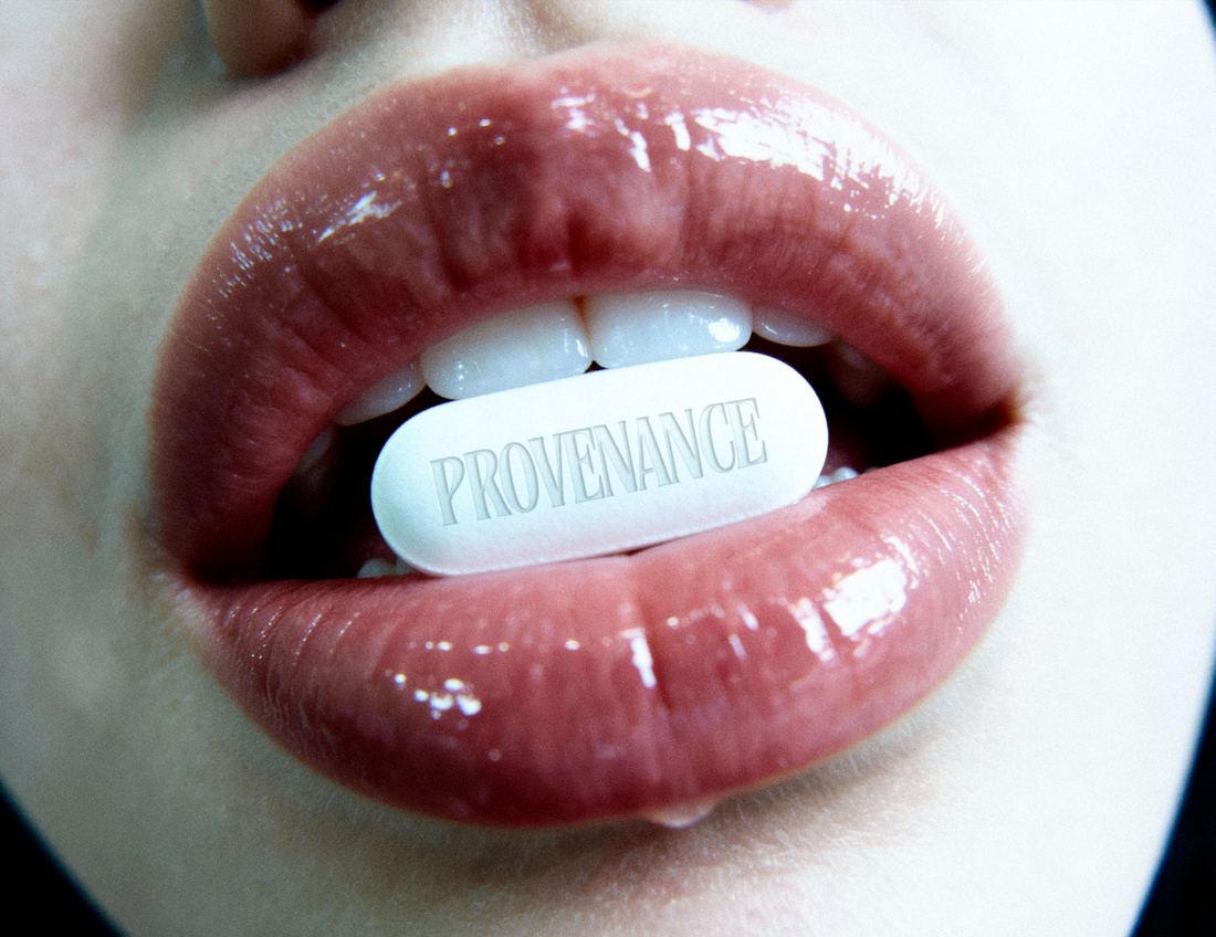 Provenance high fashion campaign, close-up of a branded pill between lips